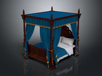 Dark Wooden Carved Four Poster Bed with Blue Canopy Drapes Gold Trim and White Pillows 3d model