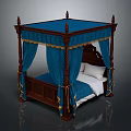 Dark Wooden Carved Four Poster Bed with Blue Canopy Drapes Gold Trim and White Pillows