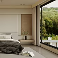 Minimalist Modern Bedroom Interior Design With Natural Light Wooden Headboard And Greenery View