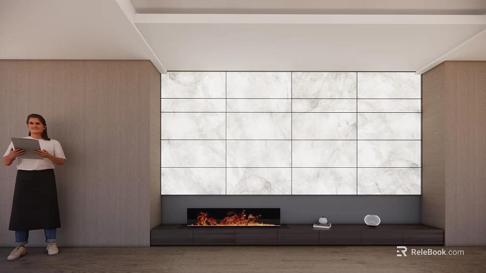 Modern Hotel Public Lounge Area With Marble Wall Fireplace And Decorative Items 3d model 