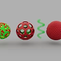 Decorative Ornament Set Featuring Green Red Spotted Sphere Red Hollow Sphere Green Spiral And Red Textured Sphere