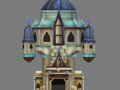 Cartoon Castle Tower Featuring Blue Dome Spires Arched Windows And Ornate Tiers 3d model