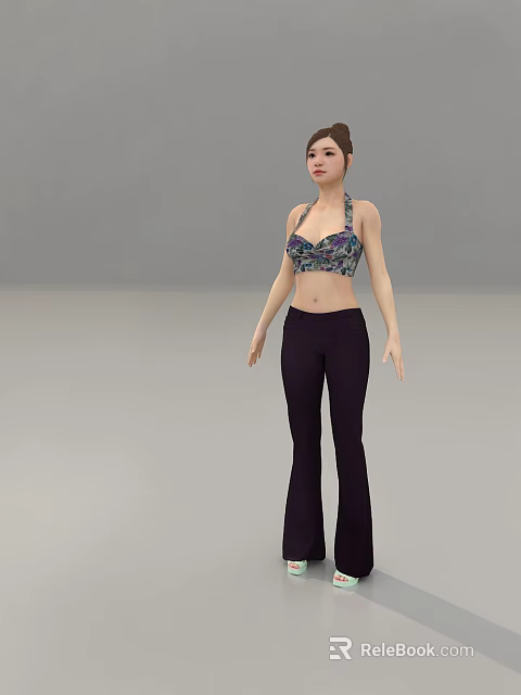 A Woman Wearing Floral Halter Top And Dark Flared Pants Against Gray Background 3d model 