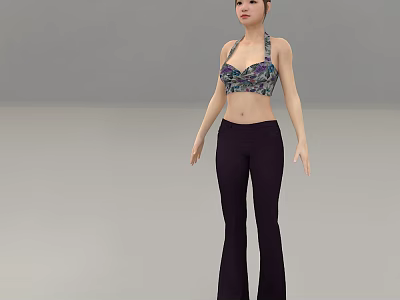 A Woman Wearing Floral Halter Top And Dark Flared Pants Against Gray Background 3d model