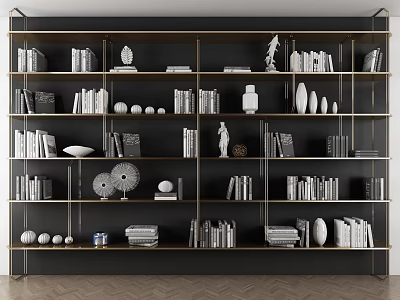 Modern Storage Shelving Unit With Books Decorative Sculptures Round Ornaments And Stacked Items 3d model