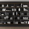 Modern Storage Shelving Unit With Books Decorative Sculptures Round Ornaments And Stacked Items