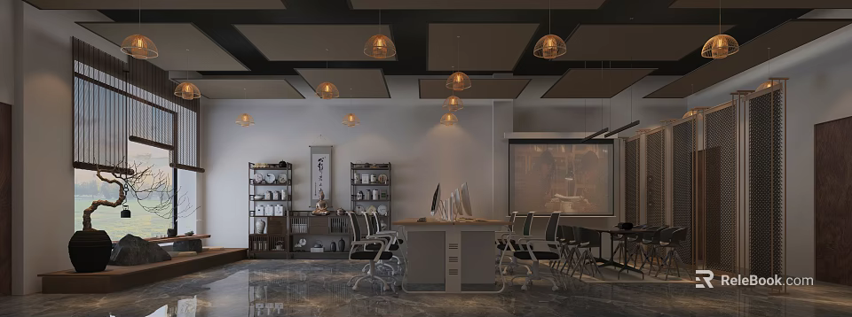 Modern Office Interior Featuring Chinese Elements Pendant Lights Bookshelves Computer Conference Table Chairs Projection Screen 3d model 