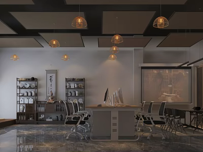Modern Office Interior Featuring Chinese Elements Pendant Lights Bookshelves Computer Conference Table Chairs Projection Screen 3d model