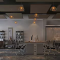 Modern Office Interior Featuring Chinese Elements Pendant Lights Bookshelves Computer Conference Table Chairs Projection Screen