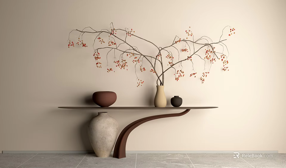 Entryway Design With Beige Wall Curved Shelf And Red Berry Branch Decor 3d model 
