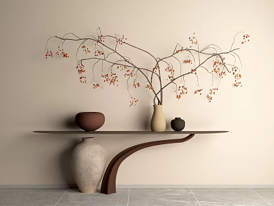 Entryway Design With Beige Wall Curved Shelf And Red Berry Branch Decor 3d model