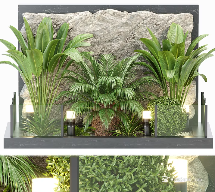 Lush Indoor Green Plant Wall Decor With Diverse Plants And Illuminated Lamps 3d model 