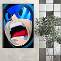 Cartoon Wall Art With Red Blue Backgrounds Exaggerated Faces Open Mouths On Gray Wall
