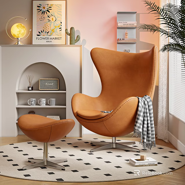 Orange Egg Shaped Accent Chair with Plaid Blanket and Ottoman near Green Plants and Bookshelf 3d model 