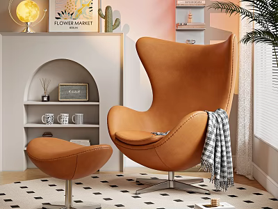 Orange Egg Shaped Accent Chair with Plaid Blanket and Ottoman near Green Plants and Bookshelf 3d model