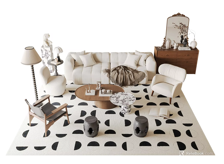 Modern Sofa And Coffee Table Set With White Upholstery Wooden Table Accent Chairs And Rug 3d model 