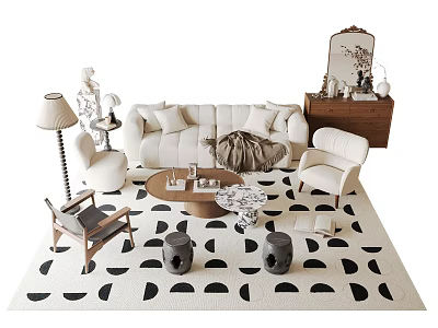 Modern Sofa And Coffee Table Set With White Upholstery Wooden Table Accent Chairs And Rug 3d model