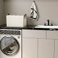 White Storage Basket In Modern Laundry Room With Washing Machine Sink And Cabinets
