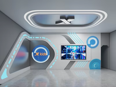 Tech Inspired X KIDS Space Interior With Large Display Screen And Curved Blue Lighting Details 3d model
