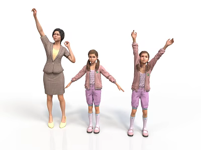 Woman In Striped Dress With Two Girls In Pink Tops Purple Shorts Raising Hands Dancing 3d model