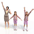 Woman In Striped Dress With Two Girls In Pink Tops Purple Shorts Raising Hands Dancing