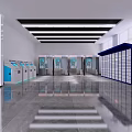 Modern Spacious Service Hall Interior With White Pillars Blue Counters And Electronic Screens