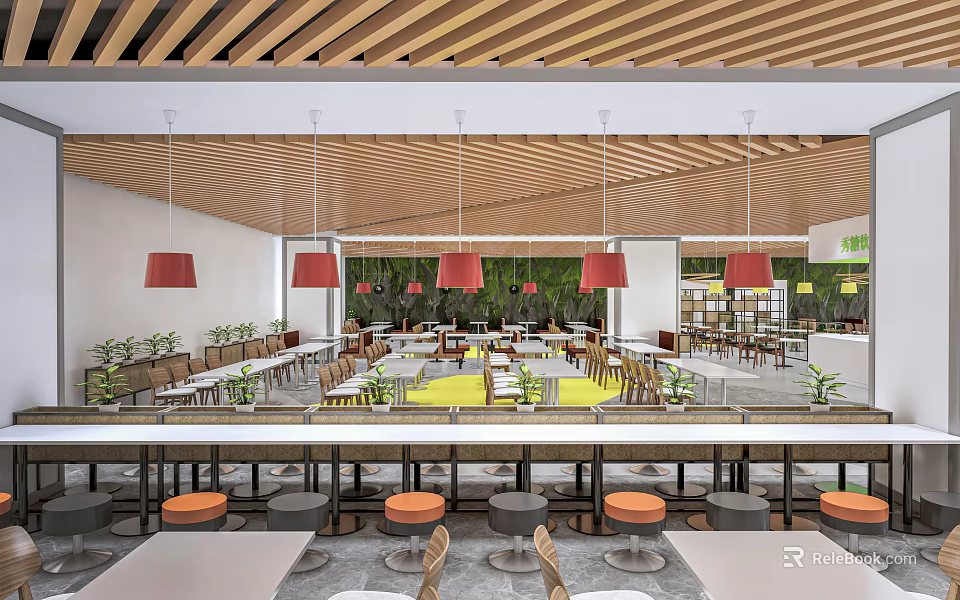 Modern Restaurant Interior With Wooden Ceiling Red Pendant Lights Yellow Floor Area And Green Plants 3d model 