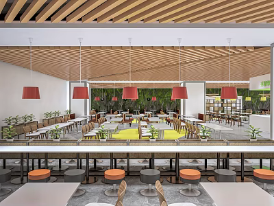Modern Restaurant Interior With Wooden Ceiling Red Pendant Lights Yellow Floor Area And Green Plants 3d model