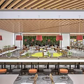Modern Restaurant Interior With Wooden Ceiling Red Pendant Lights Yellow Floor Area And Green Plants