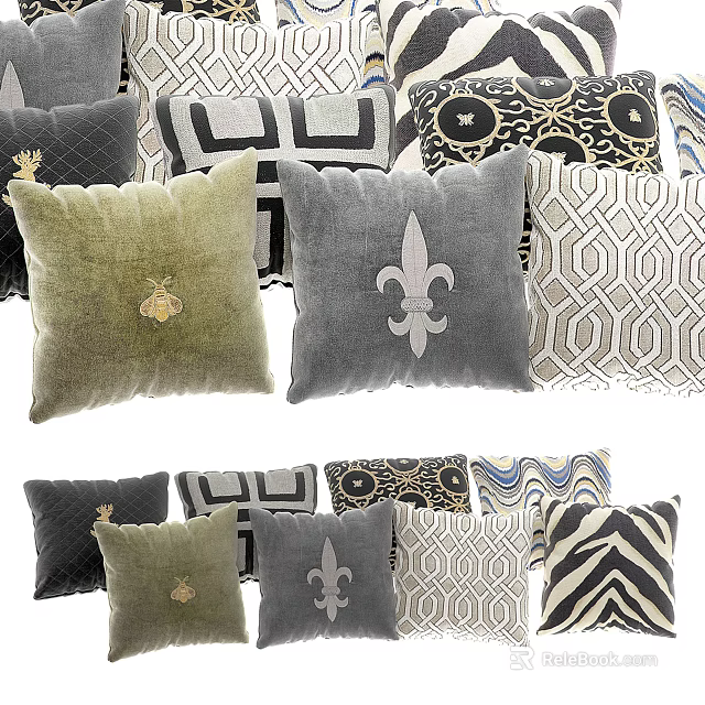 Velvet Throw Pillows With Embroidered Bee Fleur De Lis And Geometric Patterns 3d model 