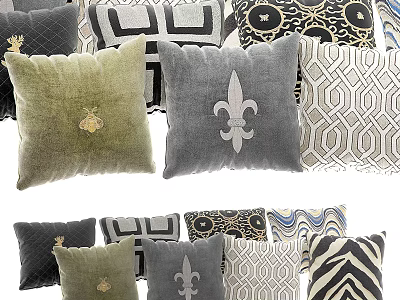 Velvet Throw Pillows With Embroidered Bee Fleur De Lis And Geometric Patterns 3d model