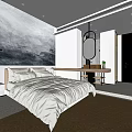 Modern Minimalist Hotel Guest Room With White Bed Gray Landscape Wall And Wooden Dressing Table
