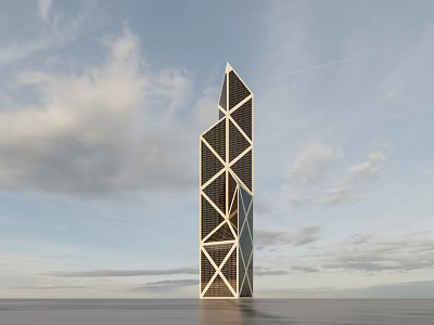 Modern Skyscraper With Geometric Facade Structure Against Cloudy Sky Background 3d model