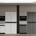Modern Kitchen Interior With White And Gray Refrigerators Oven And Cabinets 3d model
