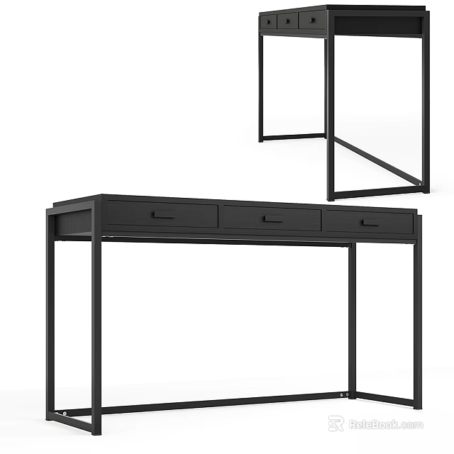 Sleek Black Functional Desk With Metal Frame And Three Storage Drawers 3d model