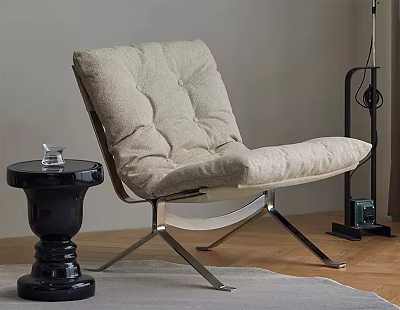 Modern Beige Tufted Lounge Chair With Metal Frame And Black Side Table On Wooden Floor 3d model