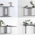 Neo Chinese Linear Console Table Design With Decorative Plants Rockery Ornaments 3d model