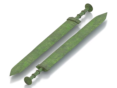 Two Ancient Bronze Swords With Green Rusted Surface And Long Blade As Historical Weapon 3d model