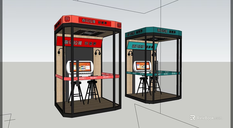 Milk Tea Shop Red Green Kiosks Transparent Glass Bar Counter High Stools Order Screens 3d model 