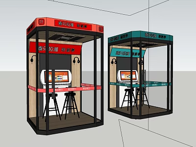 Milk Tea Shop Red Green Kiosks Transparent Glass Bar Counter High Stools Order Screens 3d model
