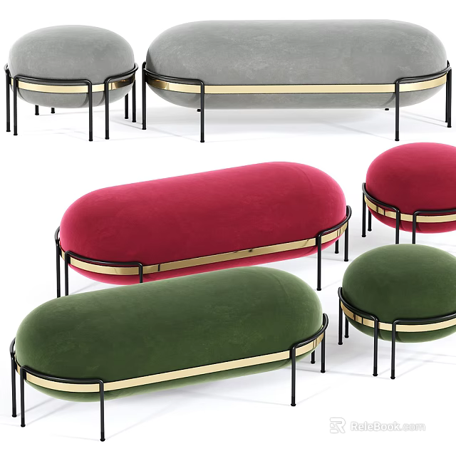 Colorful Oval Sofa Stools With Velvet Cushions Black Metal Legs And Gold Trim 3d model 