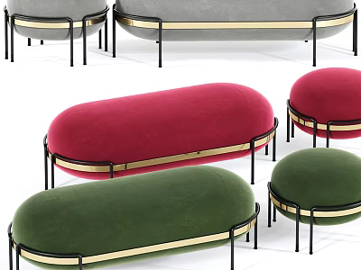Colorful Oval Sofa Stools With Velvet Cushions Black Metal Legs And Gold Trim 3d model