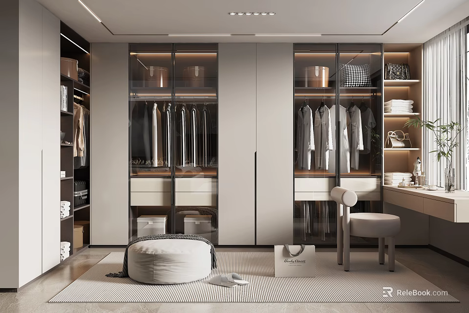 Modern Walk In Closet With Glass Wardrobes Dressing Area And Pouf 3d model 