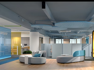 Cozy Modern Lounge Area Interior With Comfortable Sofas And Blue Seats 3d model