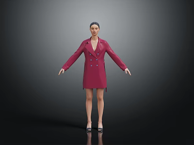 Woman In Red Double Breasted Dress Stands With Outstretched Arms Against Grey Background In Heels 3d model