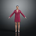 Woman In Red Double Breasted Dress Stands With Outstretched Arms Against Grey Background In Heels