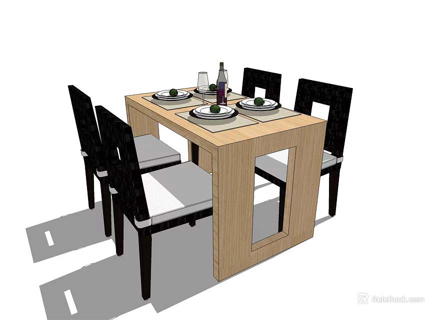 Wooden Dining Table Set With Black Chairs Plates And Wine Bottle 3d model 