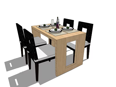 Wooden Dining Table Set With Black Chairs Plates And Wine Bottle 3d model
