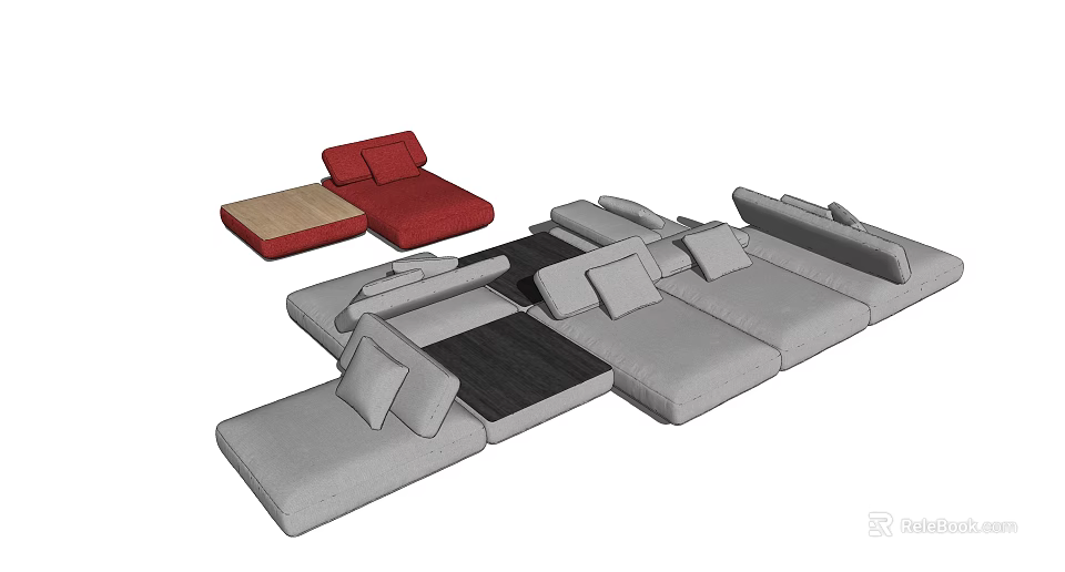 Modern Modular Sectional Sofa With Gray Red Cushions And Versatile Design 3d model 