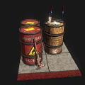 Household Supplies On Stone Slab With Red Yellow Oil Drums Blue Hand Truck And Axe